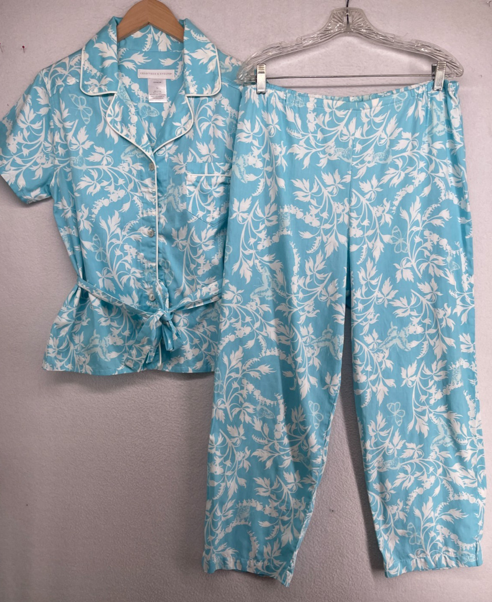 CRABTREE & EVELYN Pajama Set L Floral Short Sleeve Top & Pants PJ Cotton Blue